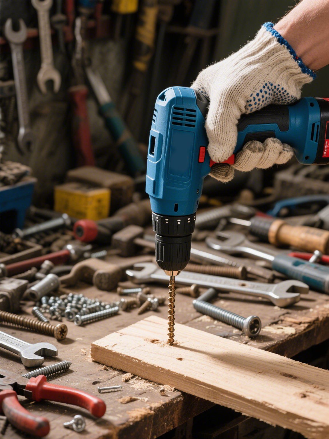 강력한 배터리의 무선 전동 드릴 사용 모습