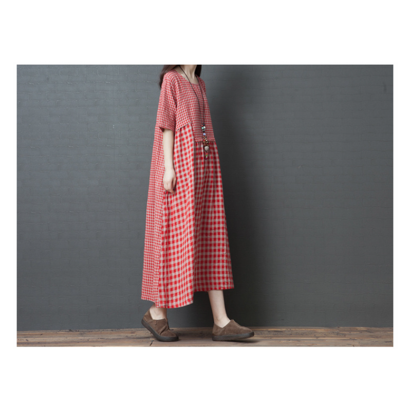 レディース大きいサイズゆったりチェック柄コットンリネンドレス 快適でスタイリッシュなコットンリネンドレス