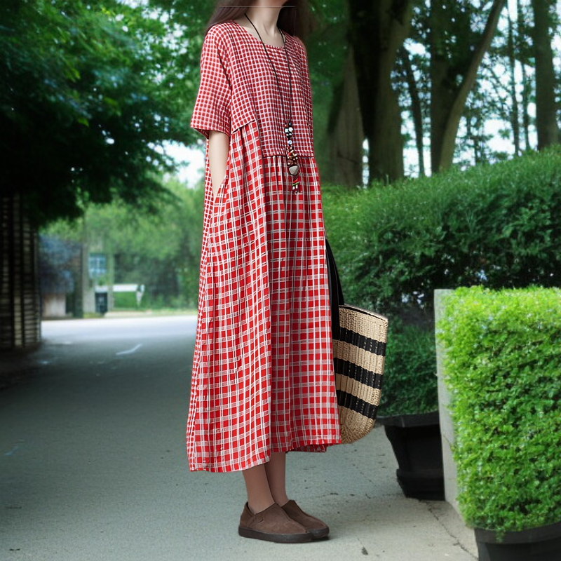 レディース大きいサイズゆったりチェック柄コットンリネンドレス 快適でスタイリッシュなコットンリネンドレス