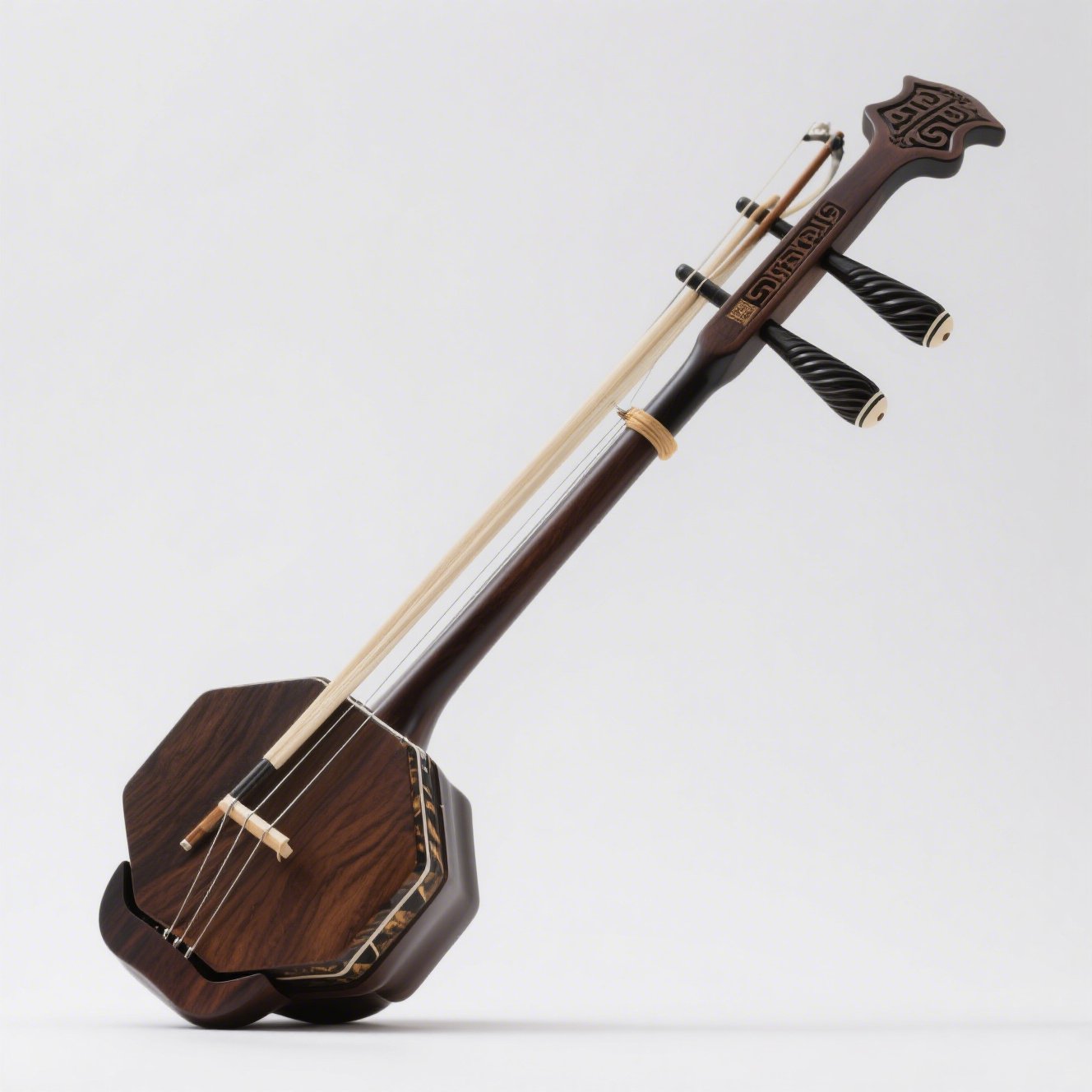 Tradiční čínský hudební nástroj erhu na stojanu