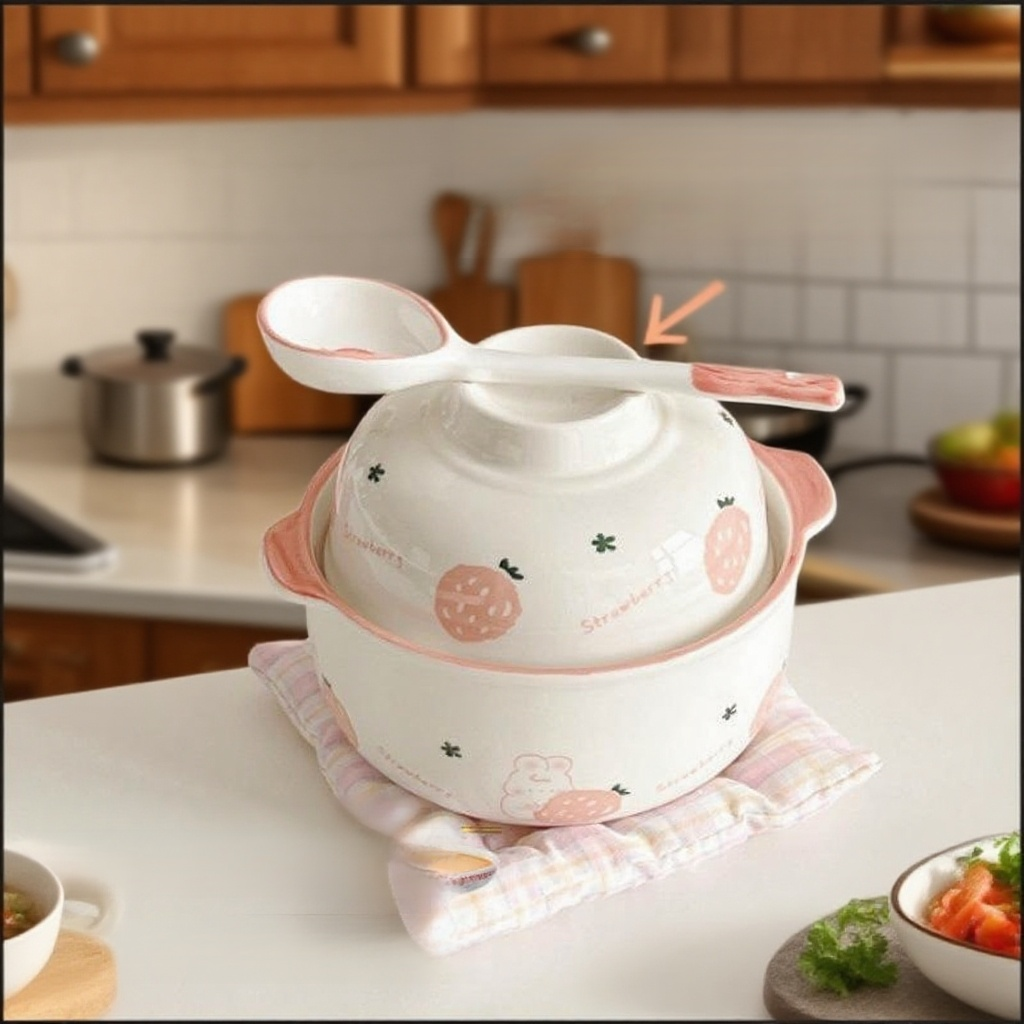 뚜껑과 손잡이 두 개가 달린 귀여운 세라믹 그릇