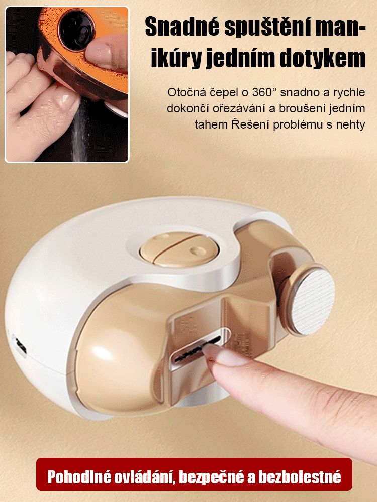 Elektrický pilník na nehty s tichým provozem, který je šetrný k rukám.