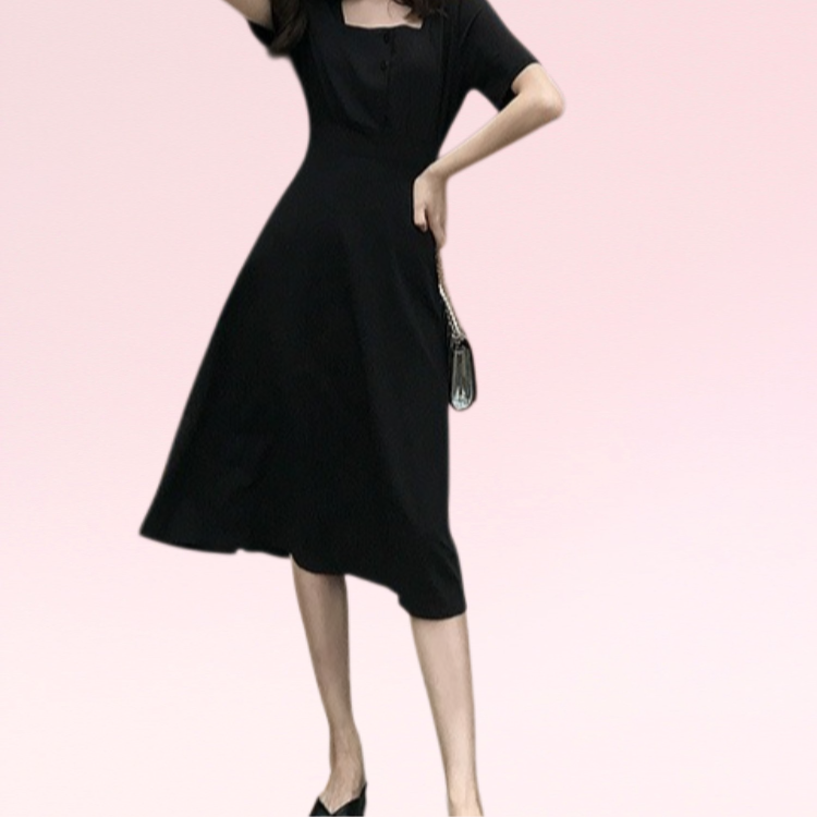 夏の新作フレンチリンドウレトロスカートヘップバーン風の小ぶりなお腹周りをカバーできるスクエアネックのミドル丈ドレス