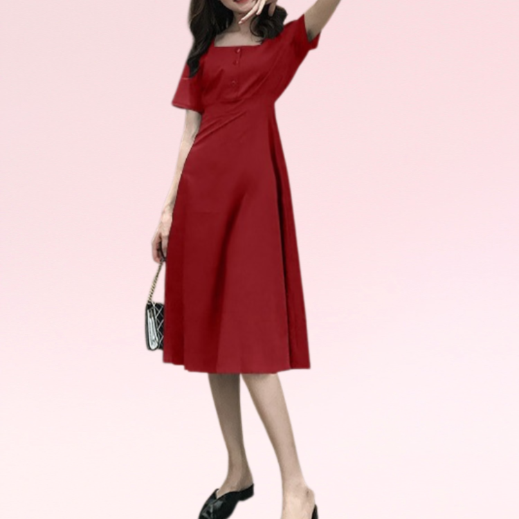 夏の新作フレンチリンドウレトロスカートヘップバーン風の小ぶりなお腹周りをカバーできるスクエアネックのミドル丈ドレス