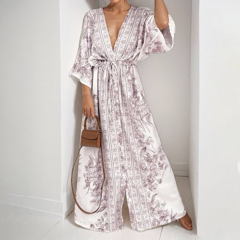 V-collar uvolněné velké evropské stylové módní jarní šaty