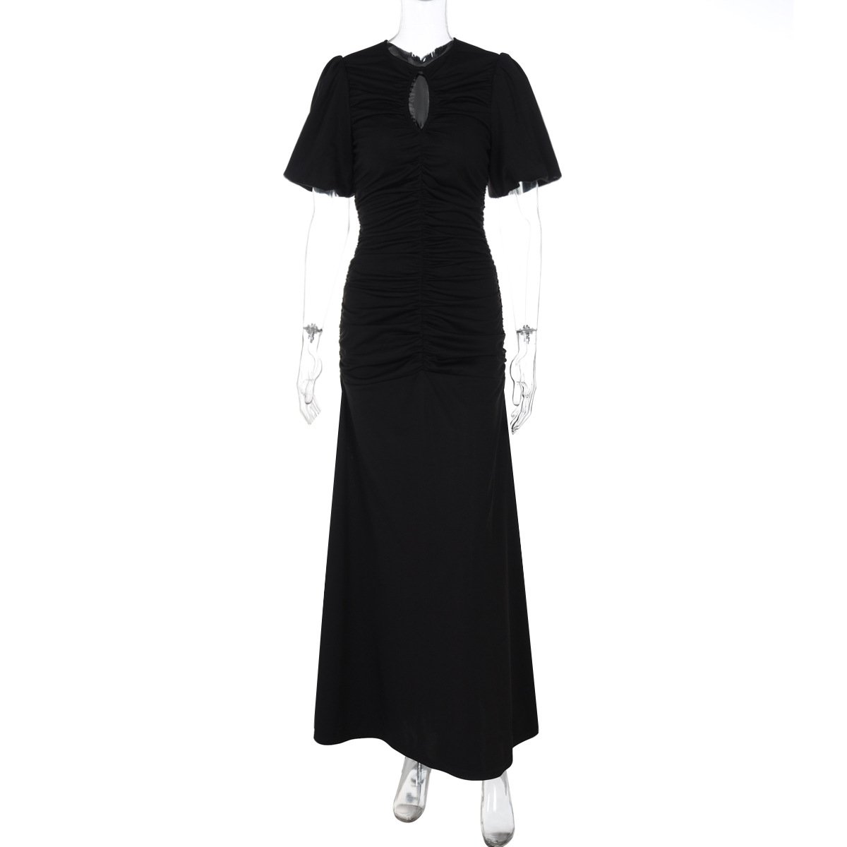 Francouzské šaty s kulatým výstřihem, řasením, zeštíhlujícím efektem a dlouhým střihem