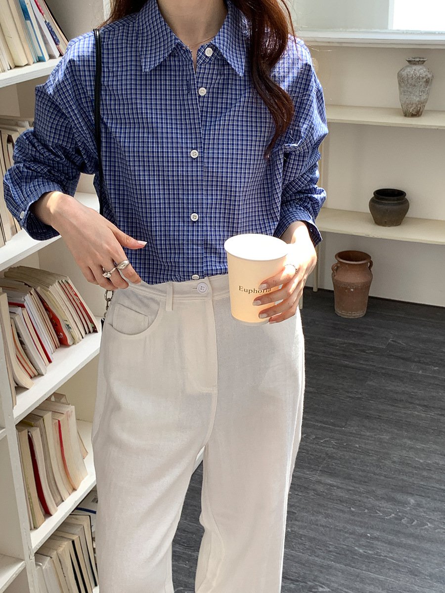 Women's loose wide lapel casual long-sleeved plaid shirt