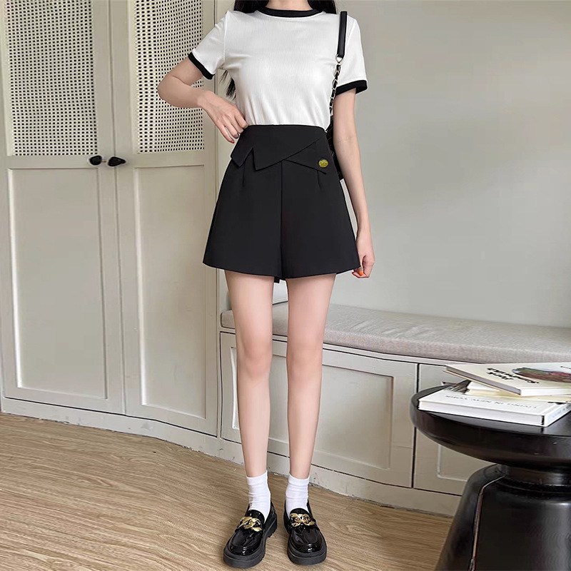 夏のハイウエストカジュアルレディースショーツ A ラインワイドレッグデザイン気質カジュアルスリムスーツパンツ