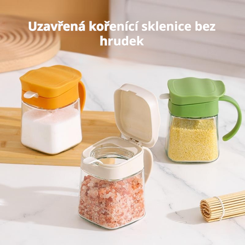 Skleněná sada kořenek s boxem – kuchyňský set na koření a sůl