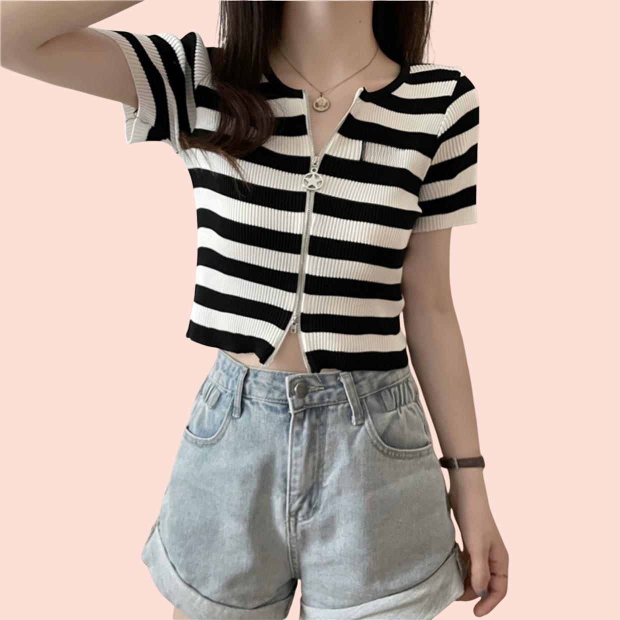 여성 여름 반팔 슬림 크롭 스트라이프 더블 집업 니트 가디건