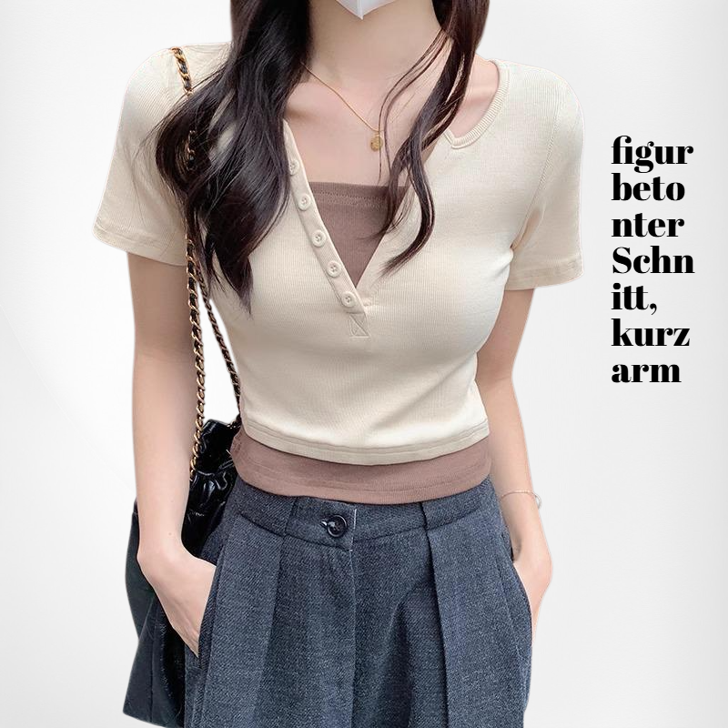 Schlankes Kurzarm Pinkes V-Ausschnitt T-Shirt für Damen
