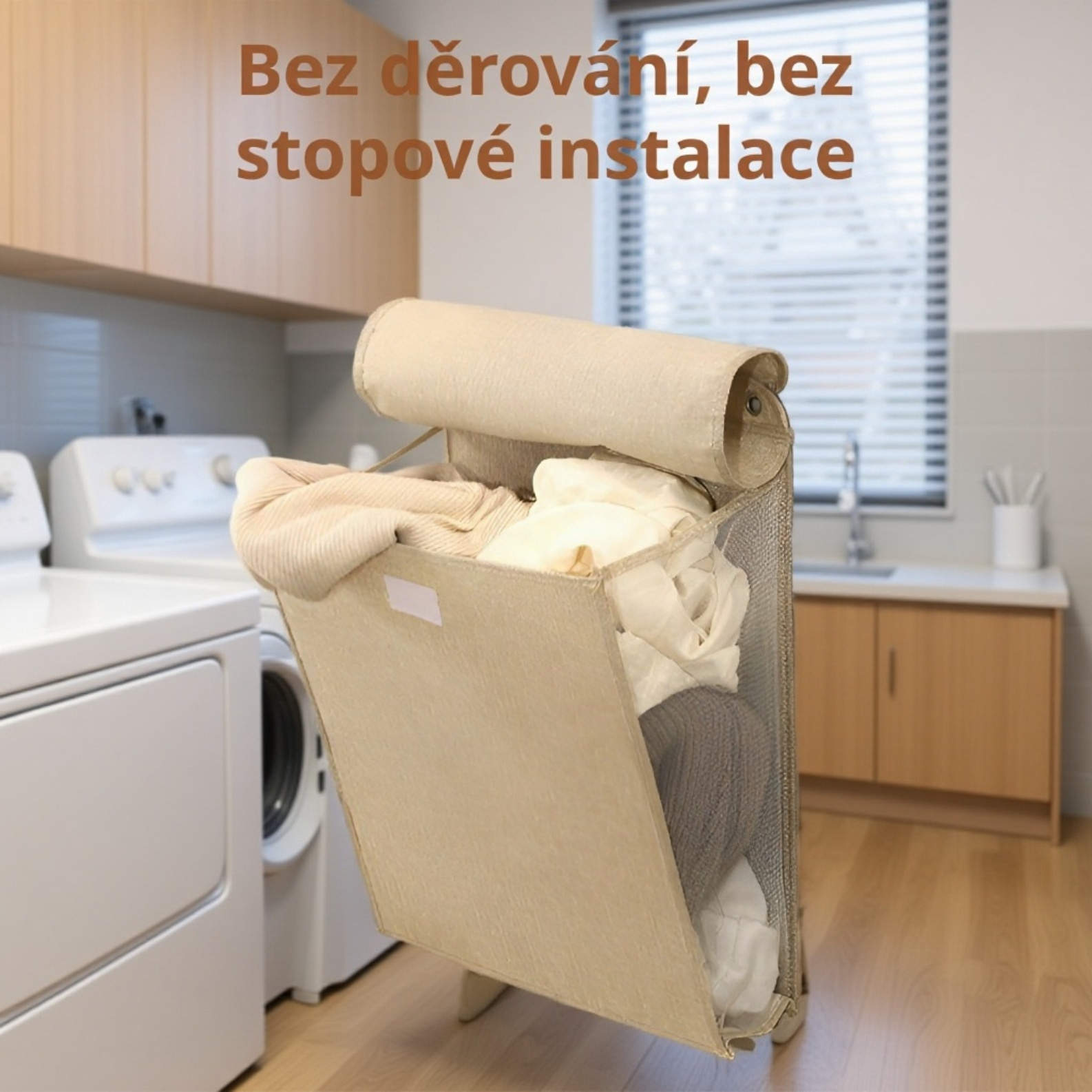 Detail pevného textilního koše na prádlo s velkou kapacitou