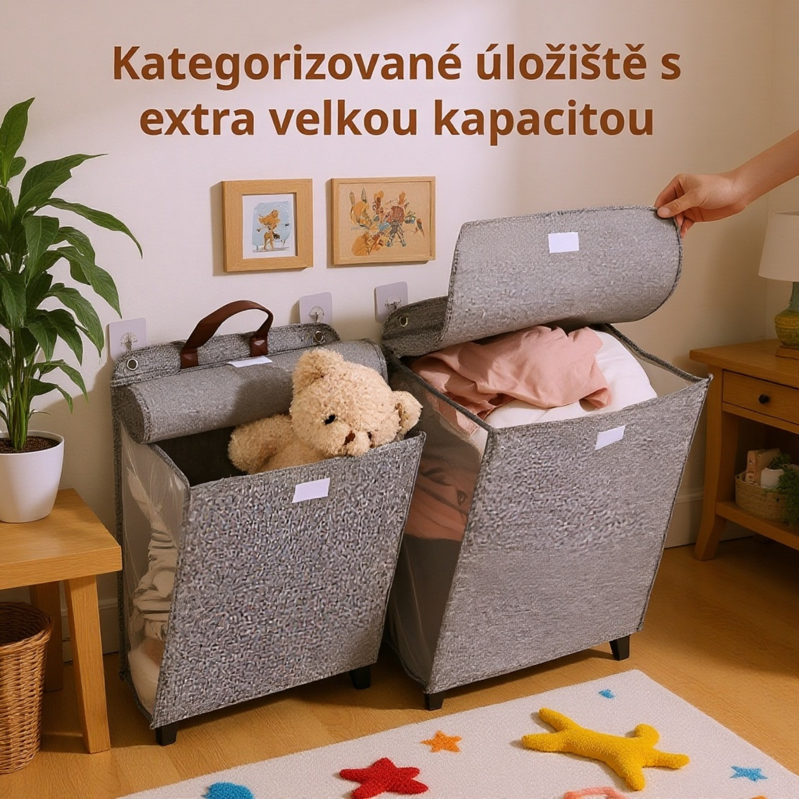 Skládací textilní koš na prádlo s velkým objemem v moderním interiéru