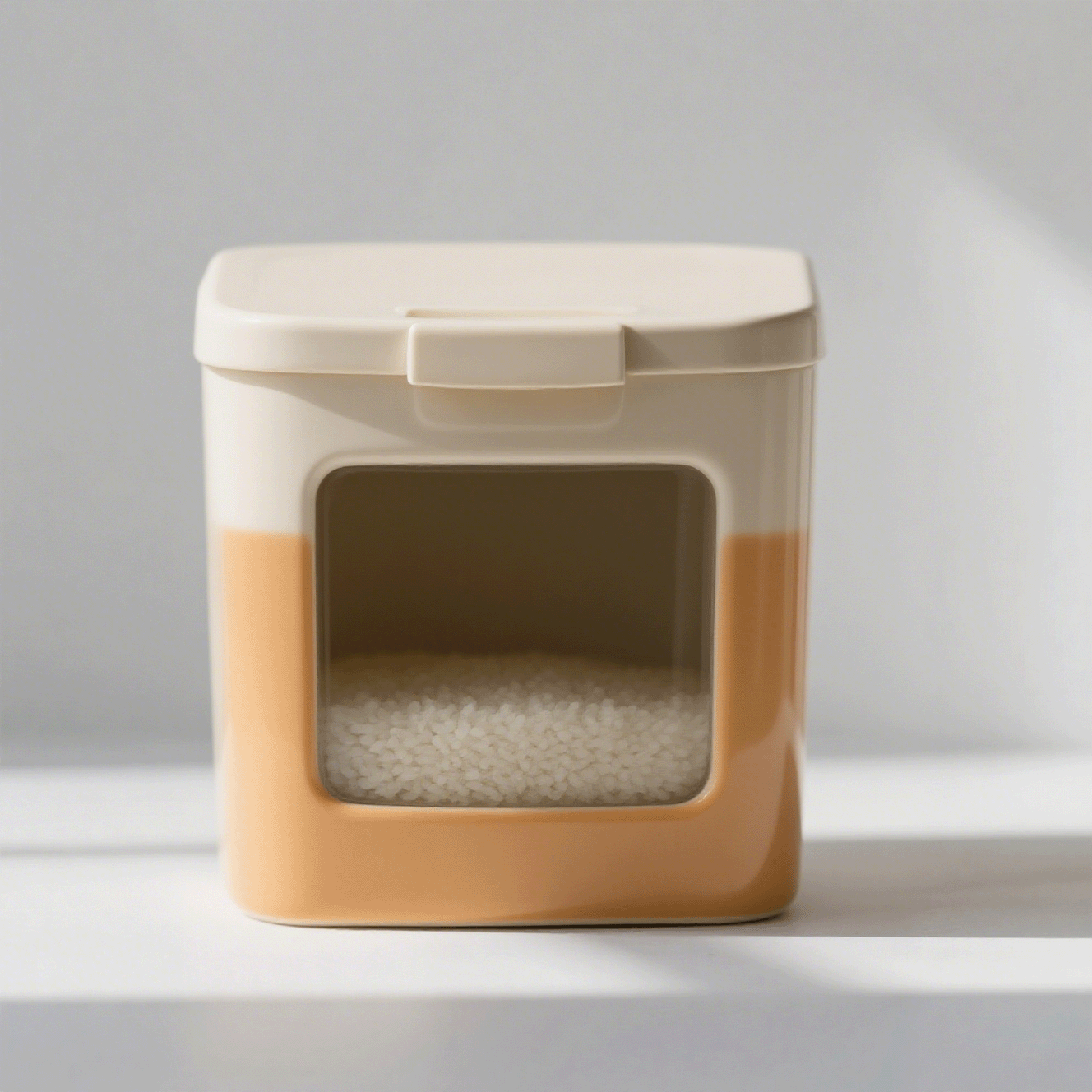 Contenedor hermético de plástico para arroz en cocina moderna