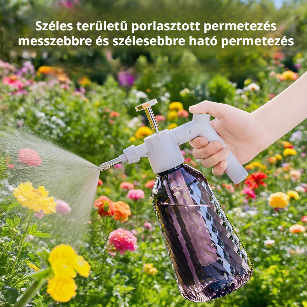 Permetező locsolókanna használat közben a kertben