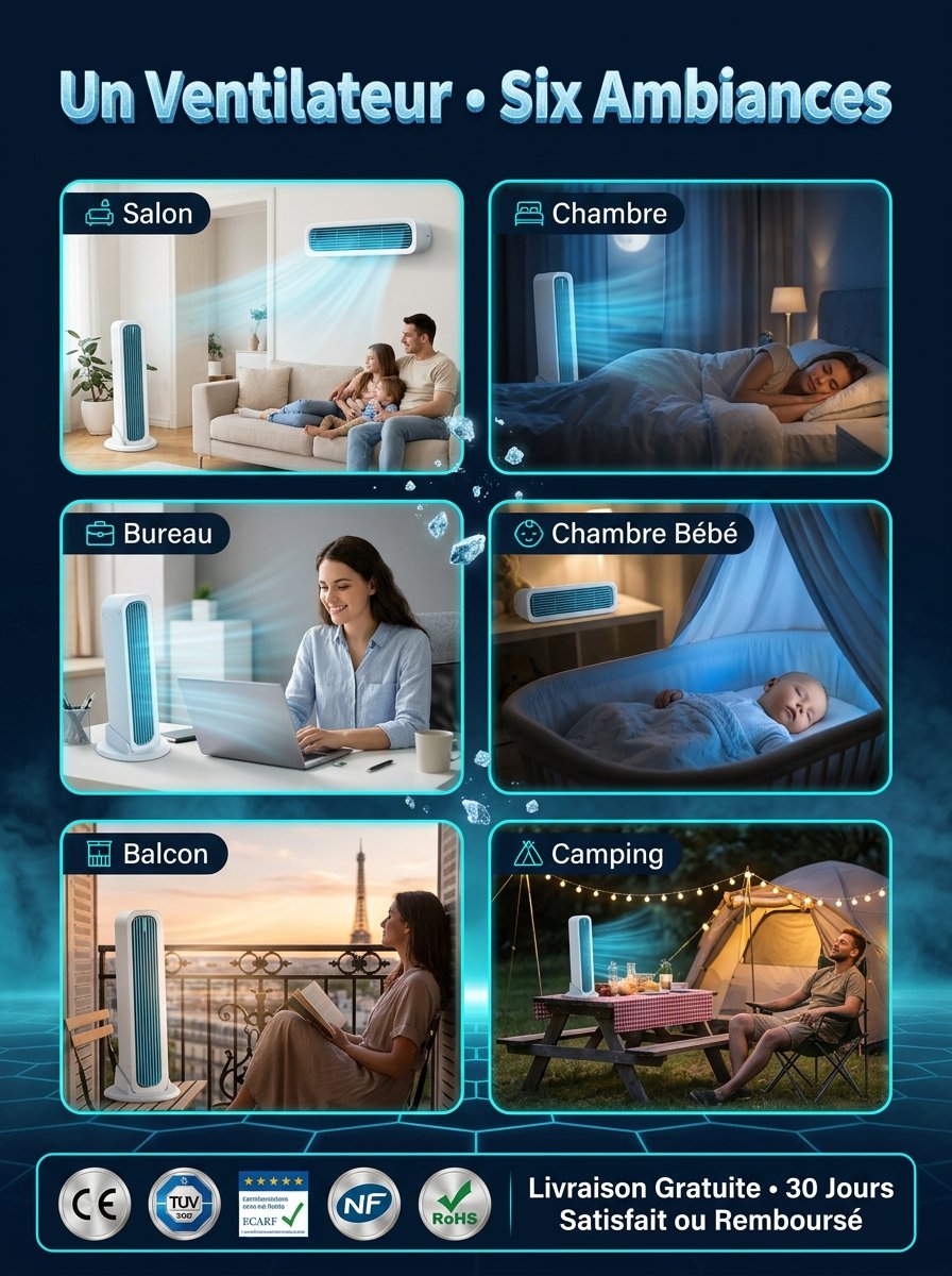 【Refroidissement de toute la pièce en 60 secondes】Ventilateur colonne utilisable debout ou allongé