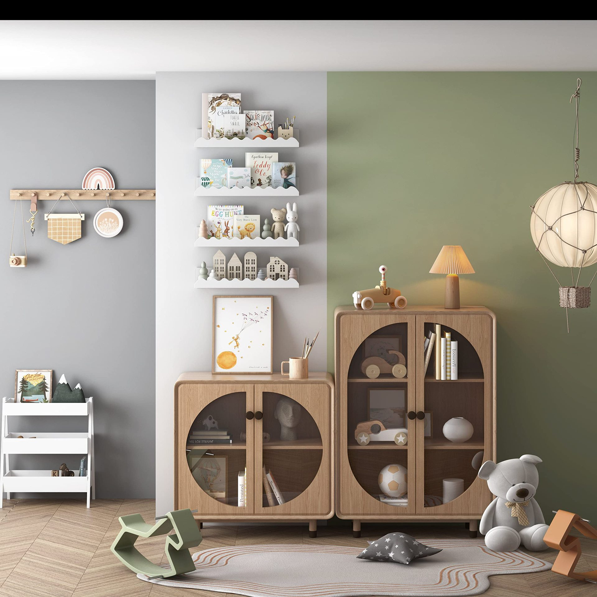 ベッドルーム用木製壁掛けシェルフの詳細画像