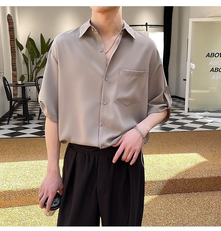 ビジネスダークグリーンメンズ半袖シャツノンアイロンルーズシャツドレープ半袖シャツ