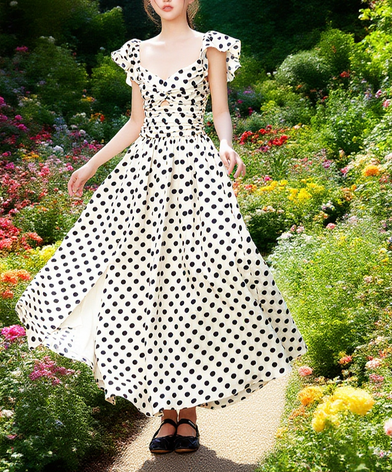 여름 도트 패턴 빅사이즈 슬림핏 롱 원피스 전체 이미지