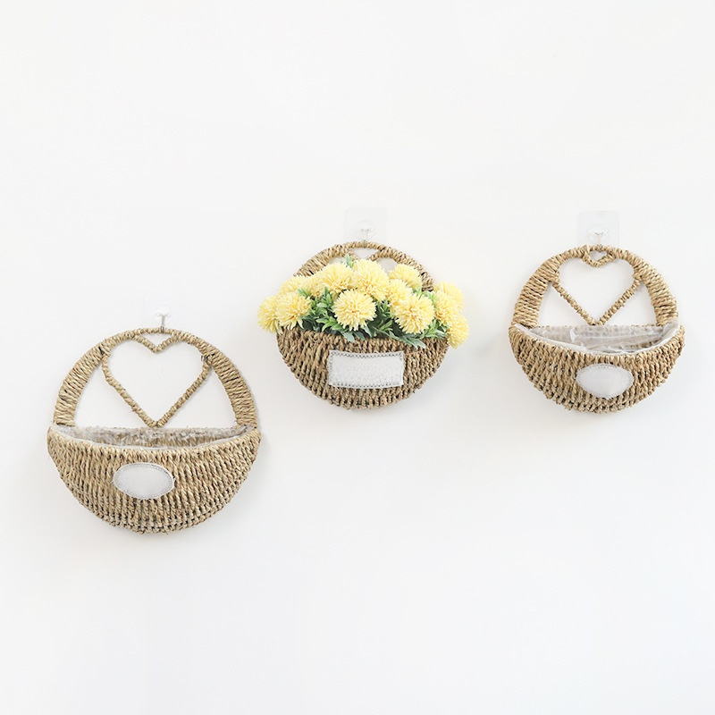 Unobtrusive Greenery Hanging Basin Natural Grass Rope Waterproof lining Hanging Flower Basket handwo