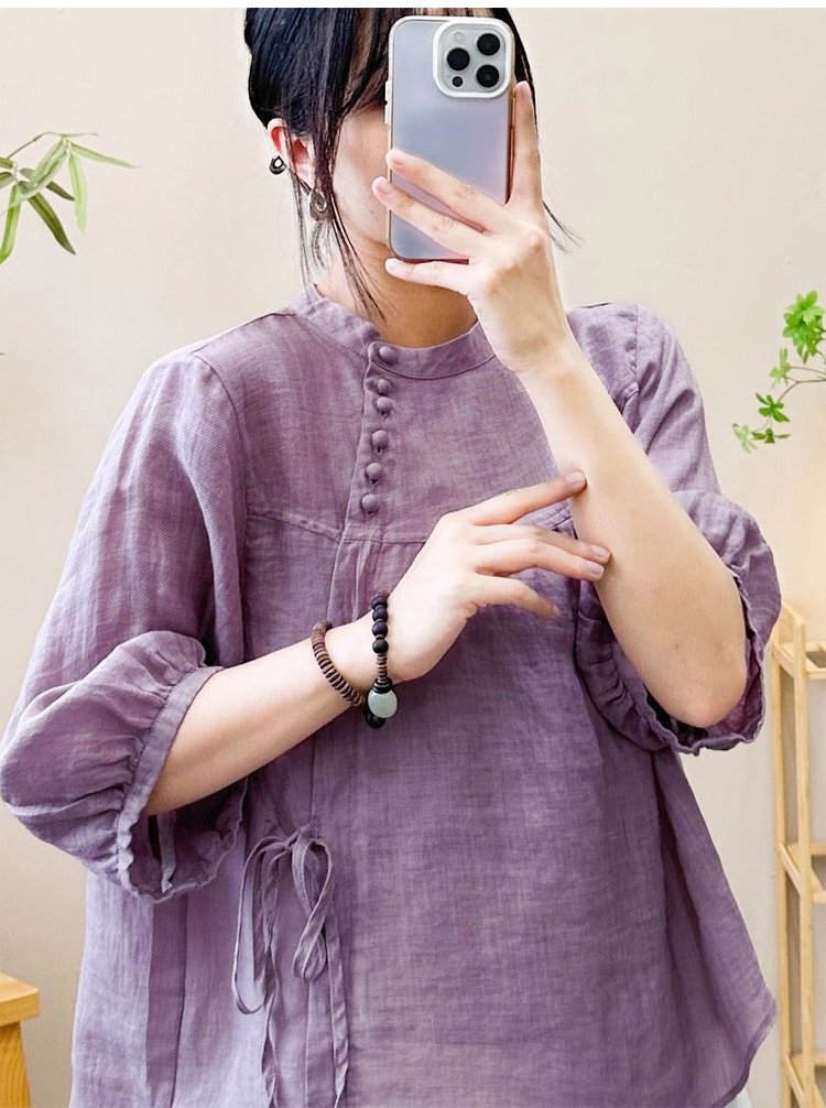 おしゃれな女性向けレトロコットンリネントップス背面画像