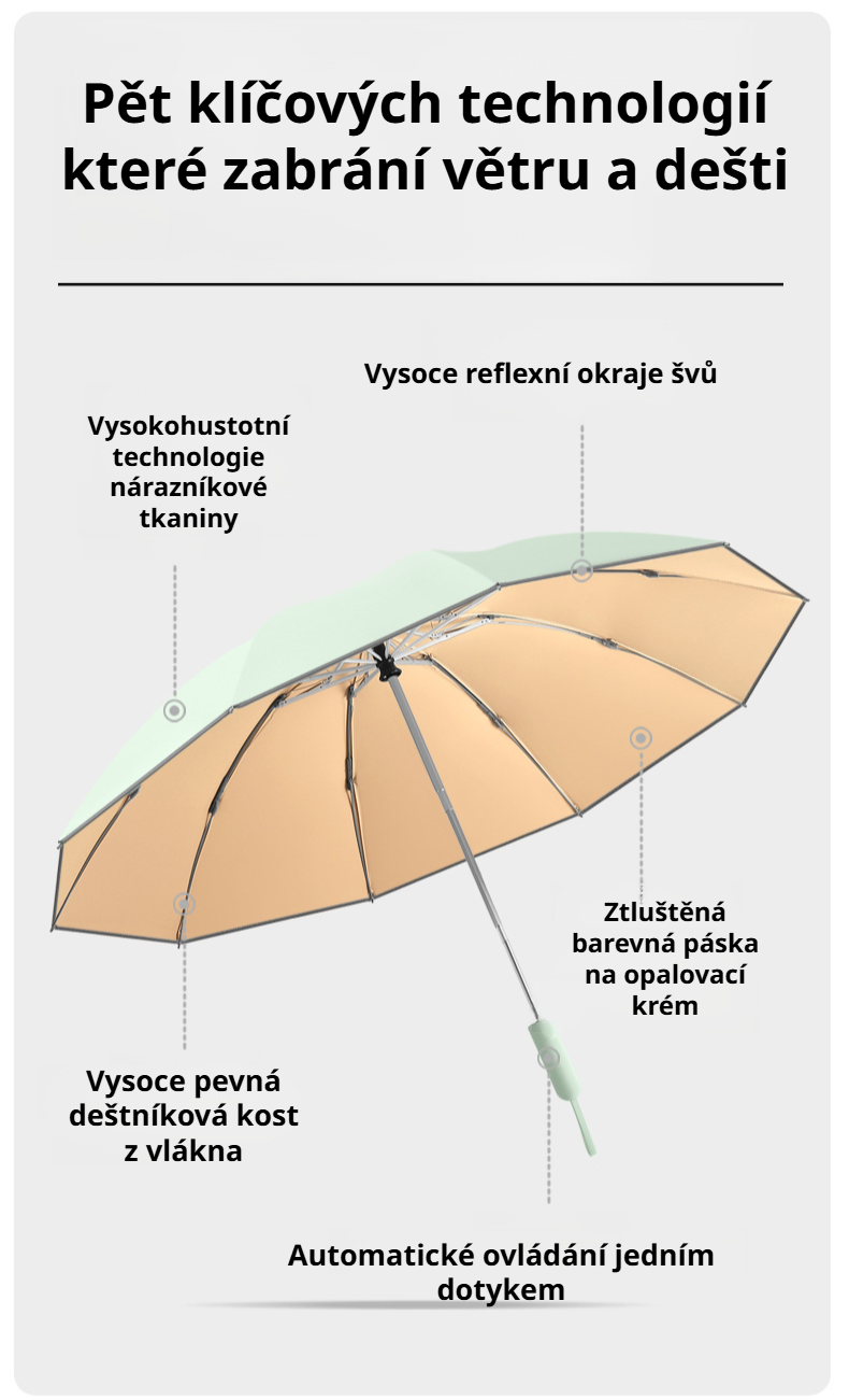 Automatický skládací deštník s deseti žebry v otevřeném stavu