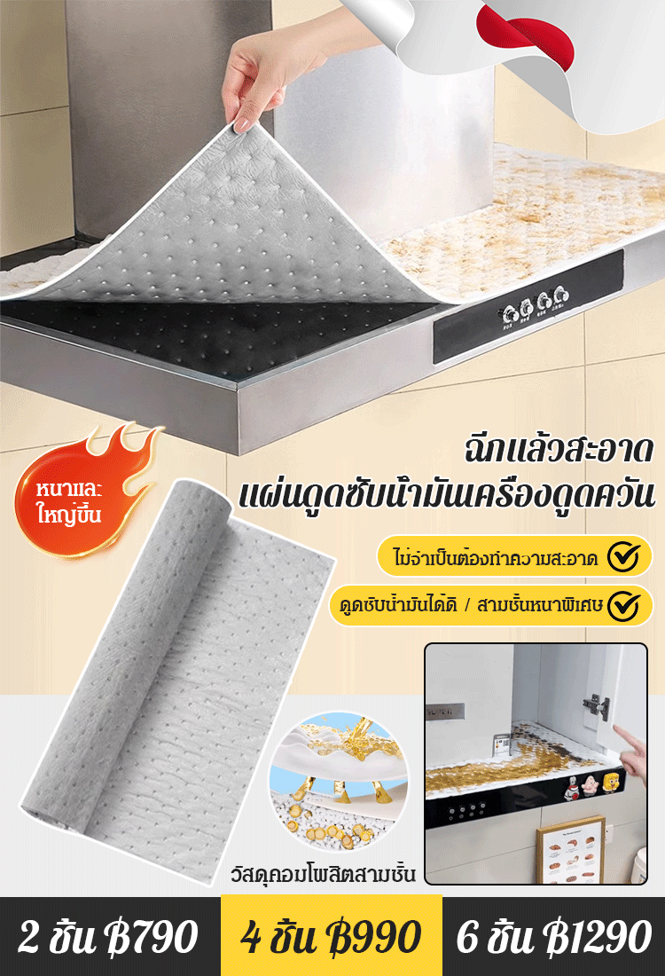 【ฉีกแล้วสะอาด!】แผ่นดูดซับน้ำมันด้านบนเครื่องดูดควัน