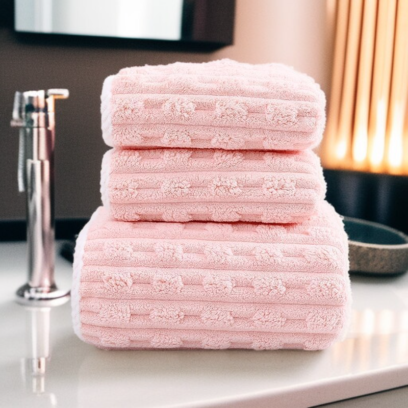 珊瑚絨雲朵格成人用浴巾浴帽套裝