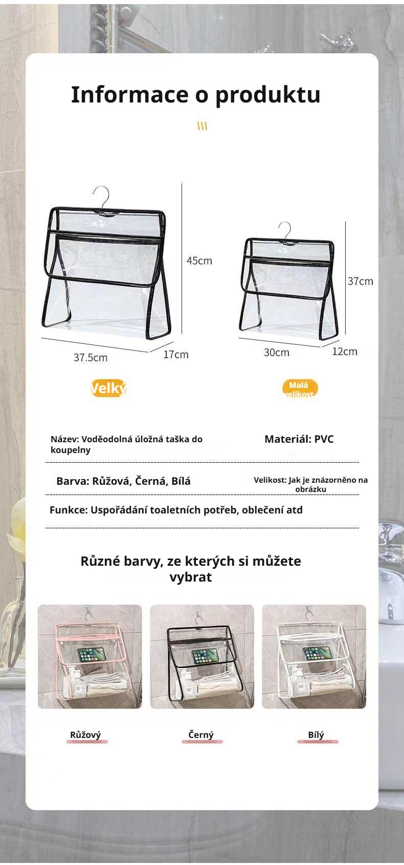 Průhledná voděodolná koupelnová závěsná taška na skladování