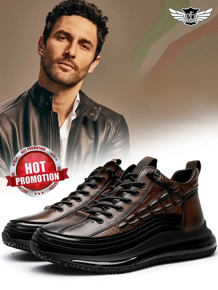 Chaussures de luxe italiennes en crocodile, à semelle épaisse et à coussin d'air, pour hommes.