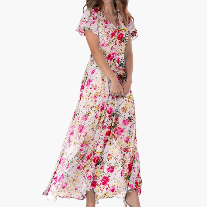 러플 슬리브 V넥 드레스