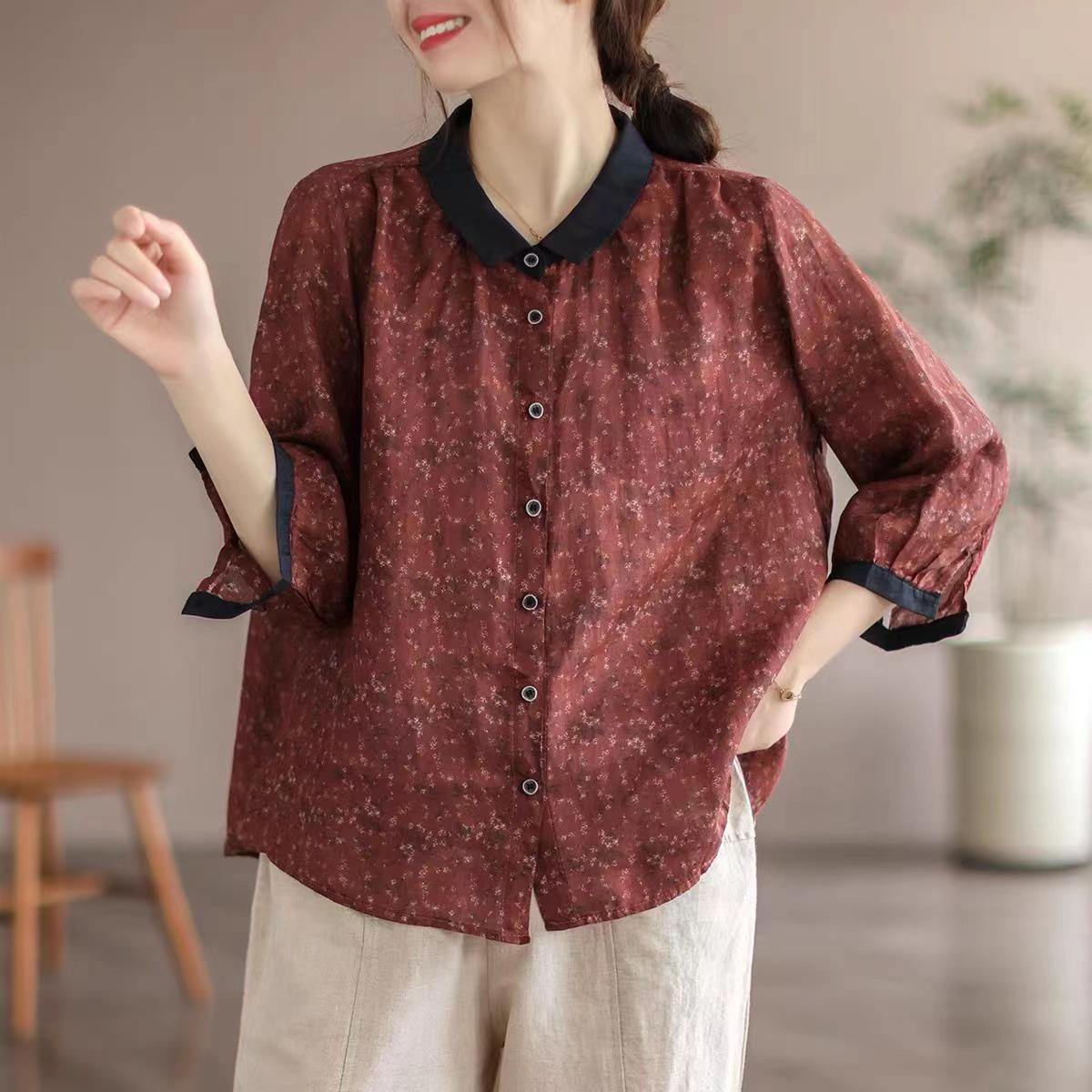 신상 여름 여성복 프린트 셔츠 코튼 마 문예 멜란 가디건 칼라 칠부 소매 캐주얼 셔츠녀