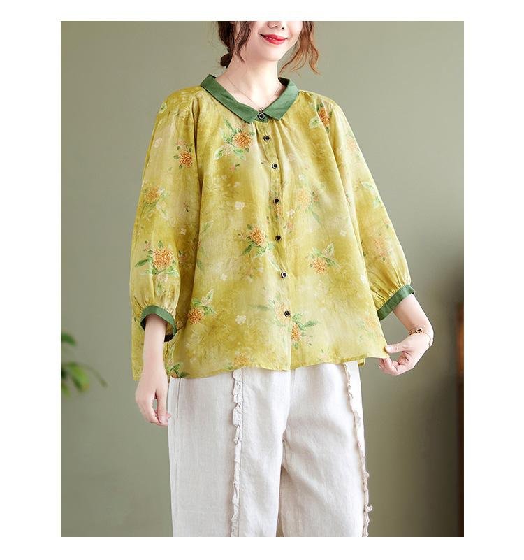 여성용 코튼 마 소재 프린트 셔츠 디테일