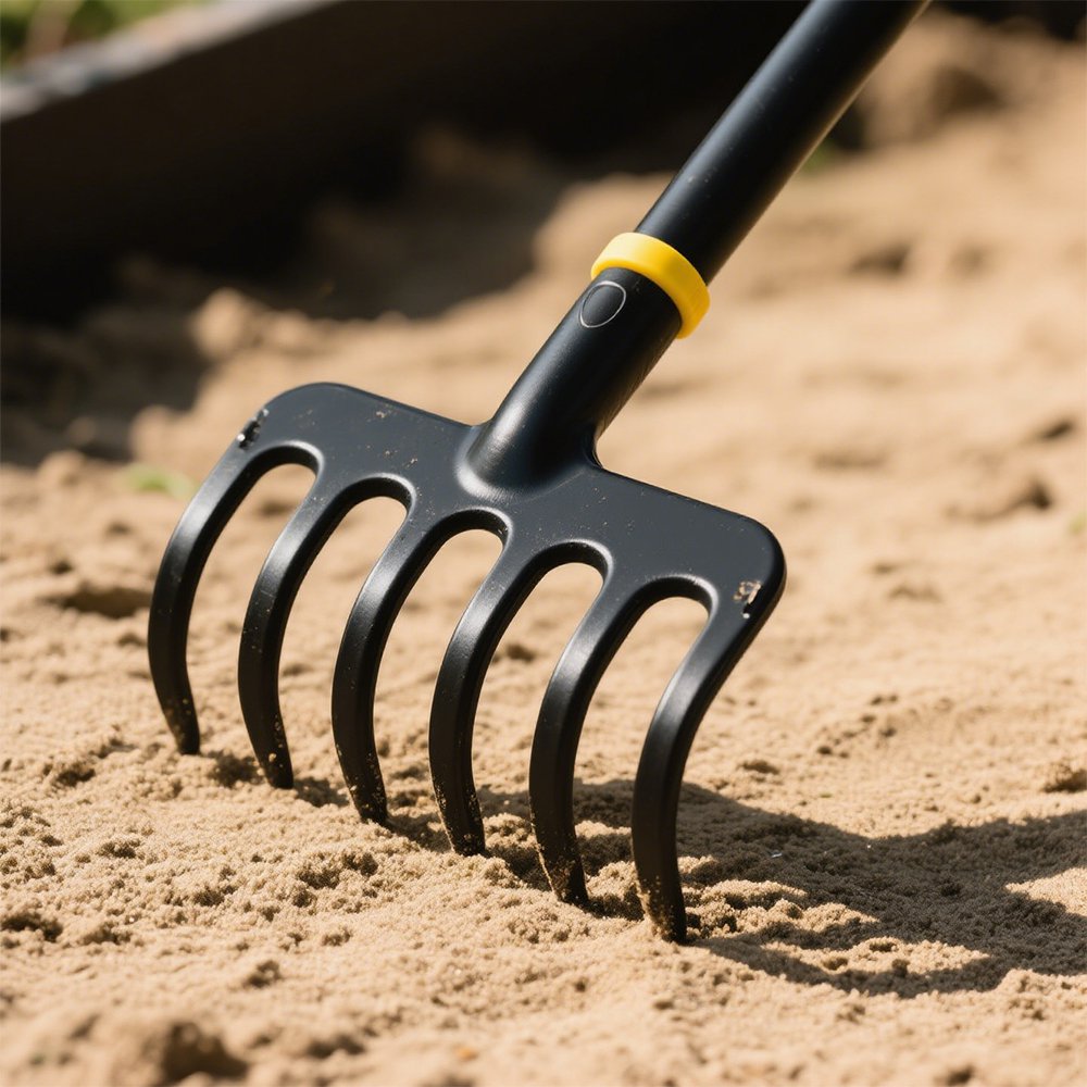 알루미늄 합금 갈퀴와 잔디 정리 장면