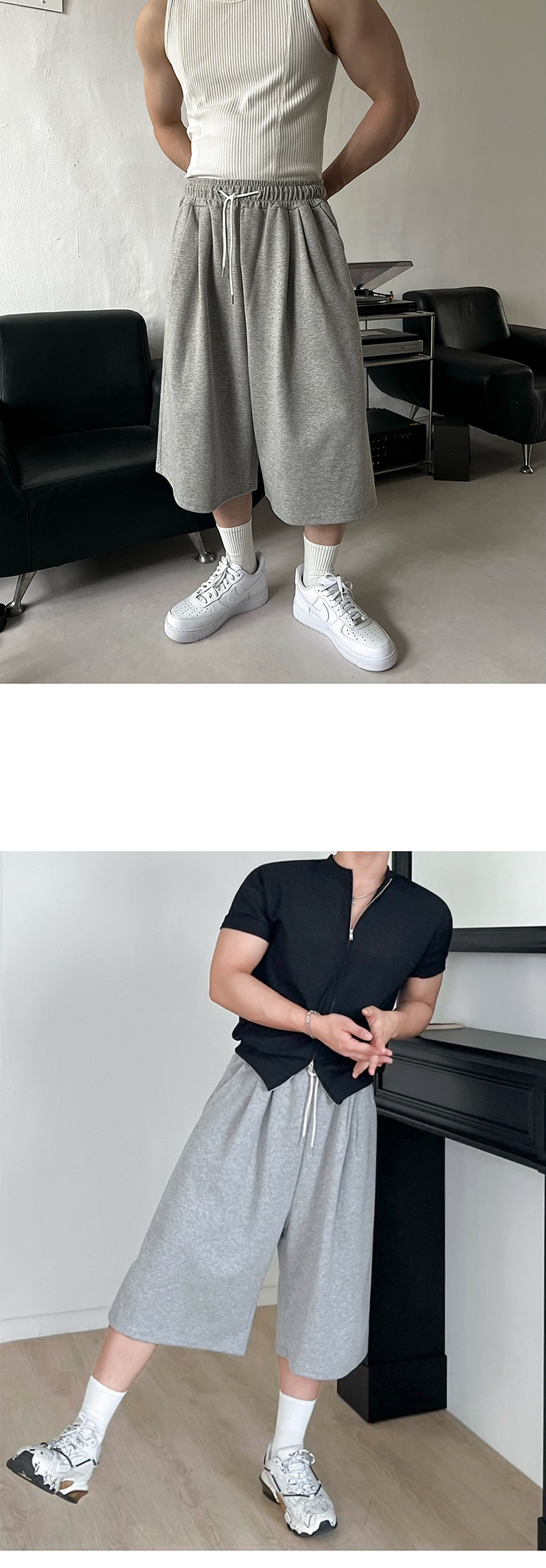 편안한 남자 7부 맨투맨과 반바지 착용샷