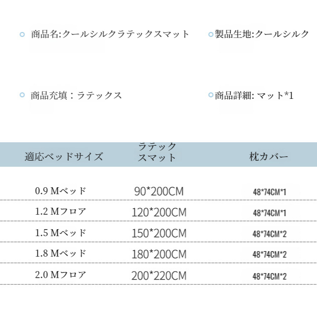 ラテックス素材の寝具セット詳細