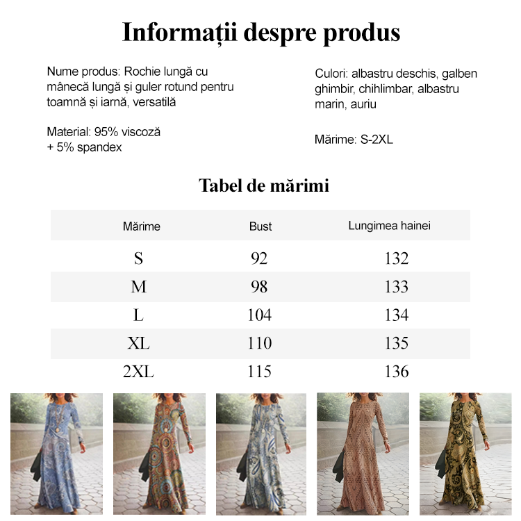 Rochie lungă cu mânecă lungă și guler rotund pentru toamnă și iarnă, versatilă