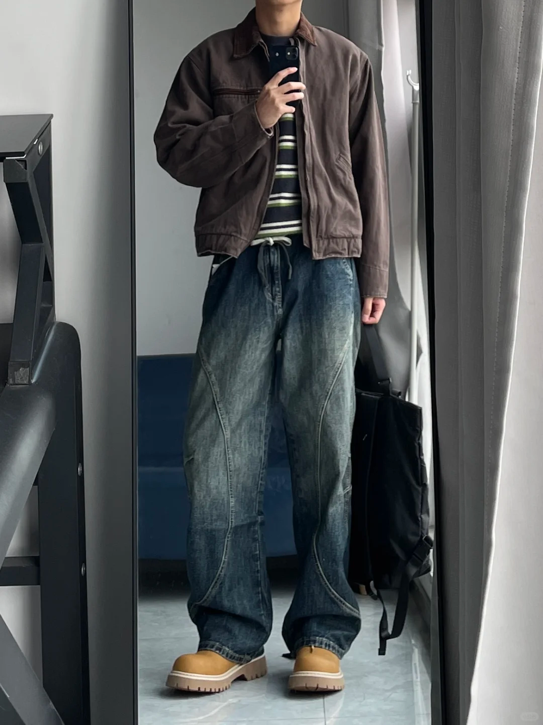 High street retro jeans men's wide leg loose straight