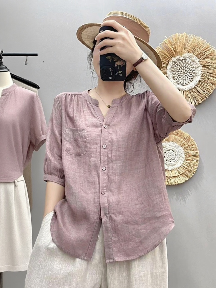 모시 여름 신상 브이넥 반팔 셔츠 문예 기품 단색 셔츠 코디 상의 여