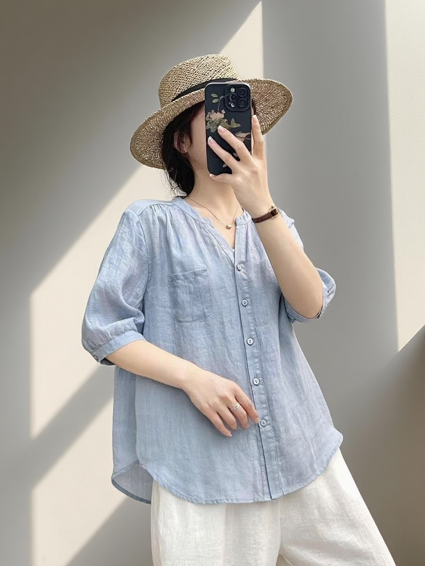 모시 여름 신상 브이넥 반팔 셔츠 문예 기품 단색 셔츠 코디 상의 여