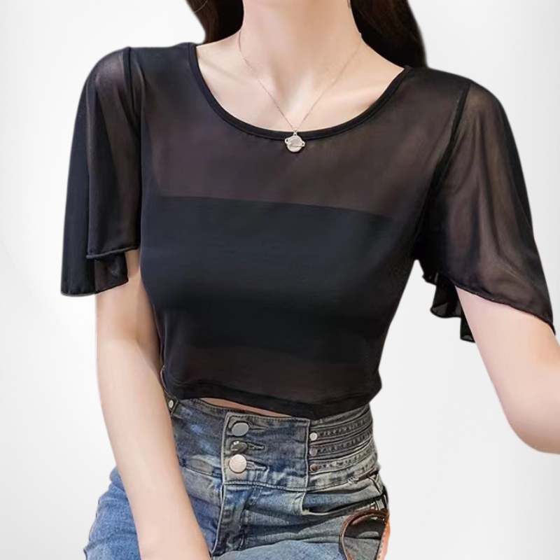 Ultradünnes, transparentes Netzshirt mit Fledermausärmeln und Rundhalsausschnitt