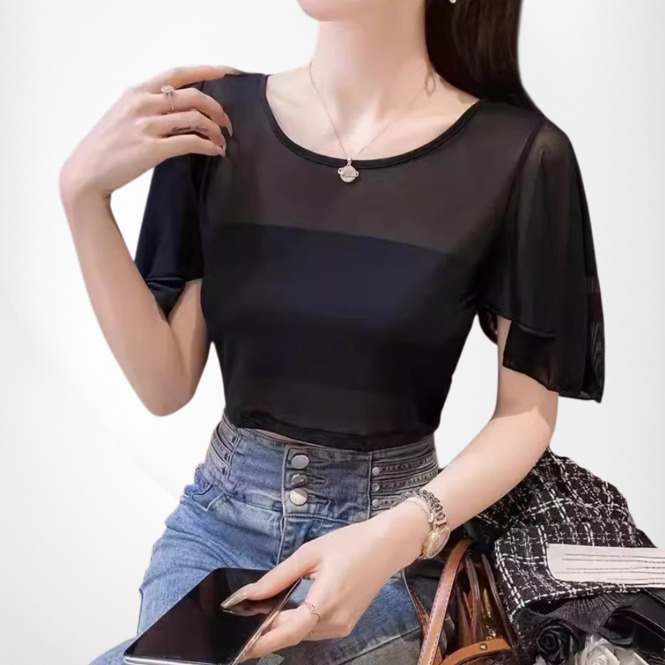 Ultradünnes, transparentes Netzshirt mit Fledermausärmeln und Rundhalsausschnitt