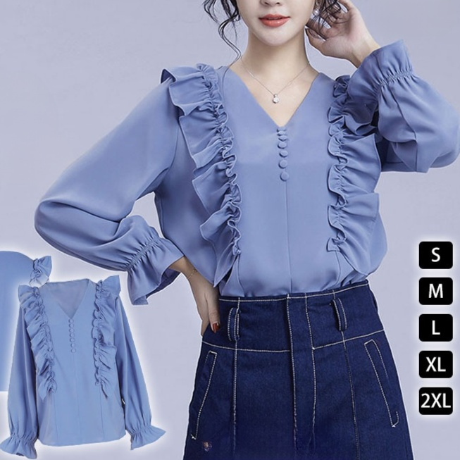 ブラウス  シャツ シフォン 長袖 フリル フォーマル Vネック フレアスリーブ きれいめ