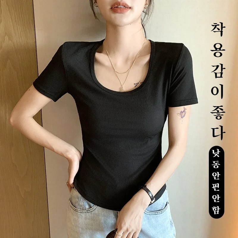 여성 여름 아웃핏 슬림 라운드 티셔츠 봄 핫피스 레깅스 몰드 상의 정견 반팔 티셔츠 여름 여자 아웃핏 상의