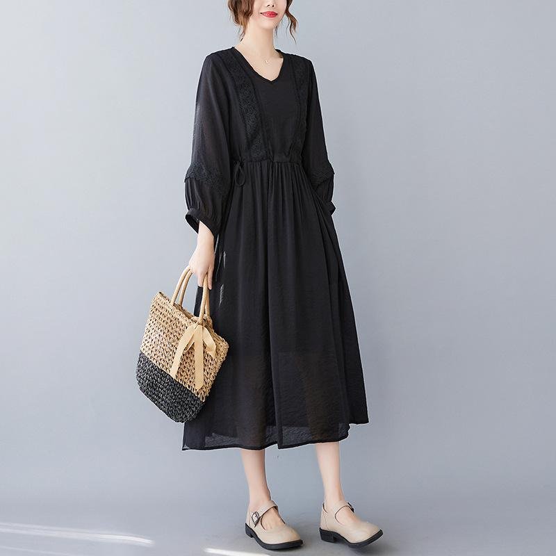 편하고 모던 심플 7부 문예풍 스트랩 원피스 롱 브이넥