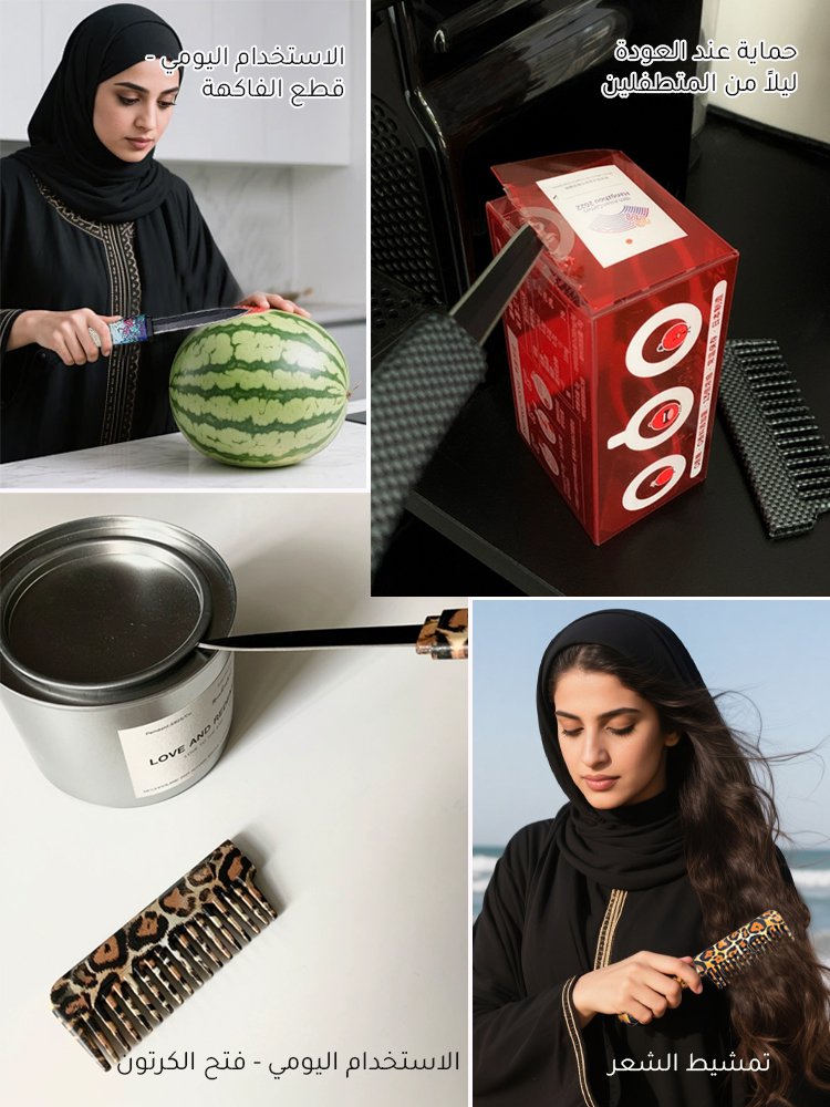 مشط متعدد الوظائف مزود بسكين فواكه للدفاع عن النفس