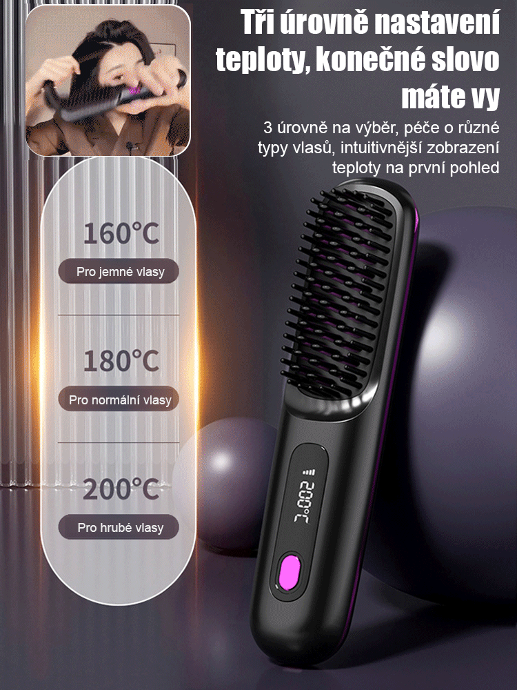 LCD bezdrátový keramický vyhřívaný narovnávací kartáč