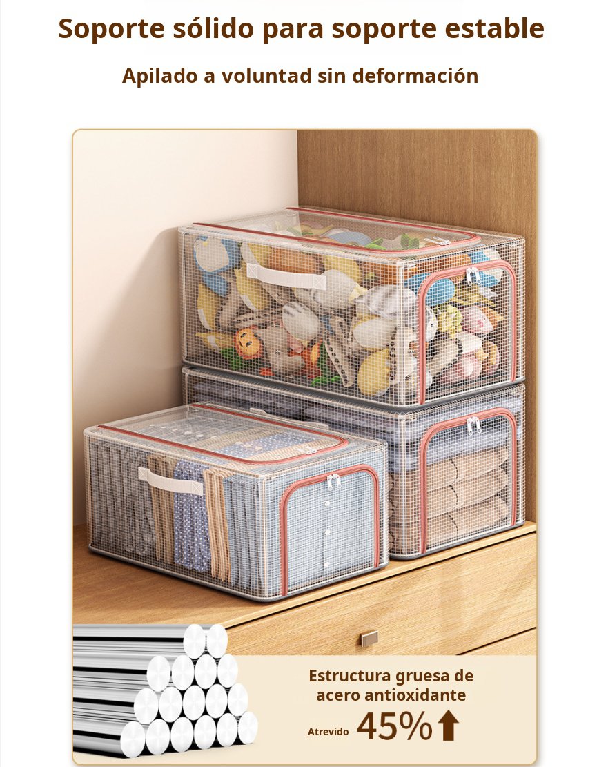 Caja de almacenamiento transparente mostrando fácil acceso a la ropa