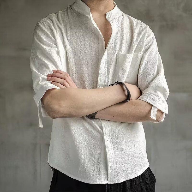 日本製レトロ無地リネンシャツ メンズ春新作