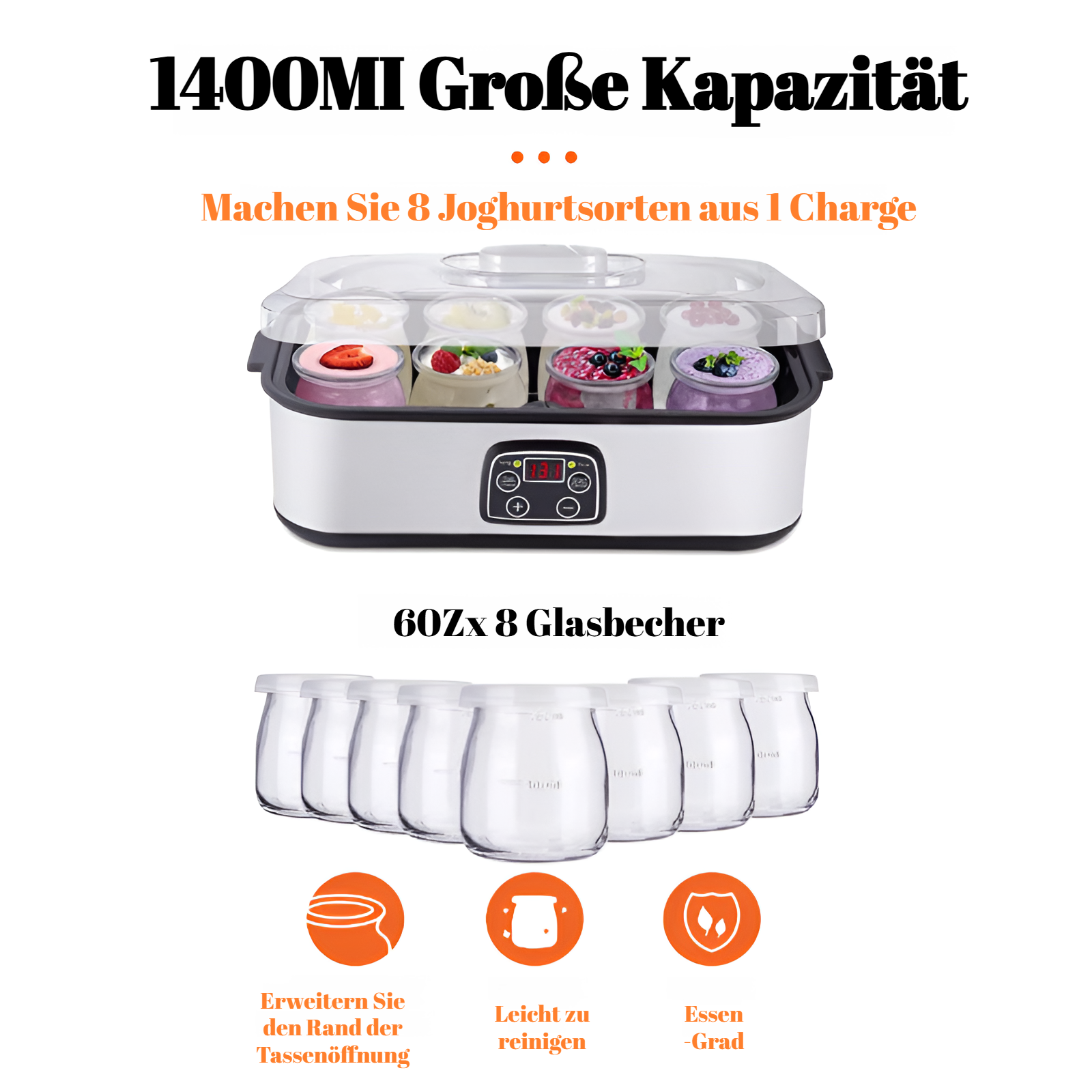 Joghurtmaschine Milchshake Marmelade Eis Joghurt Pudding 8 Punkte Tasse 1400 ml